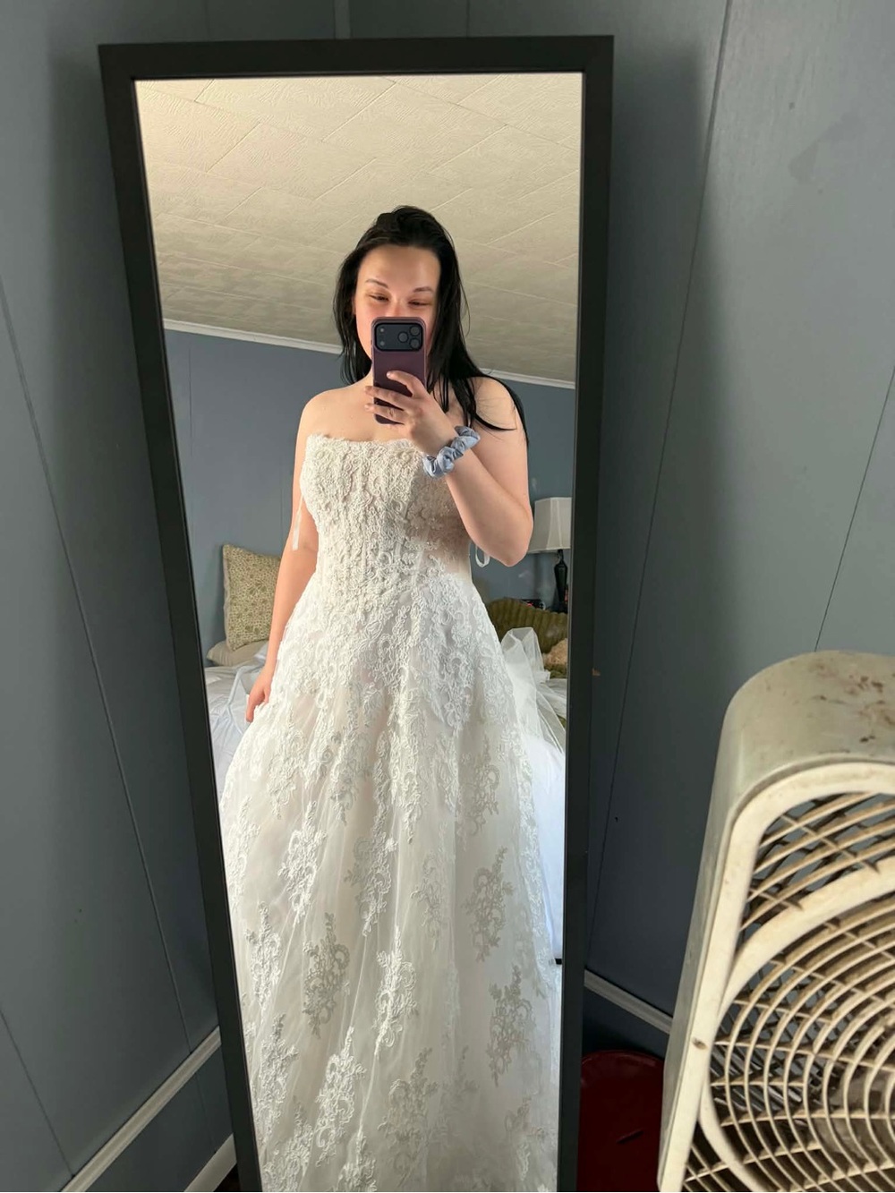 Strapless White Lace Bridal Gown with Full Skirt